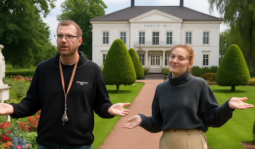 Forvirrede ansatte med Refnes Gods i bakgrunnen